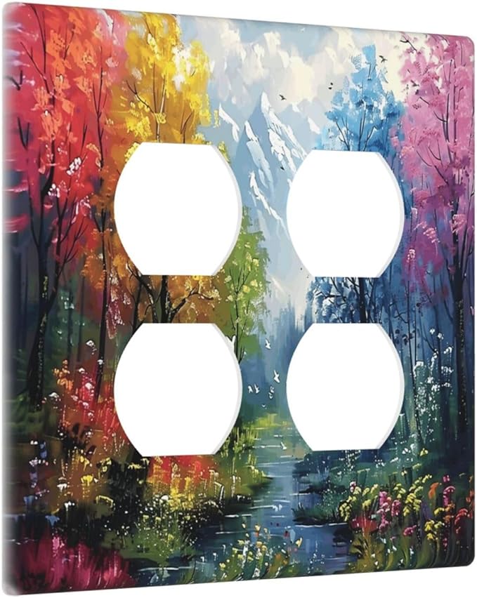 Colorful Forest Snow Mountain River Oil Painting Style Outlet Covers 2 Gang Double Duplex Decorative Light Switch Covers Electrical Wallplates Socket Faceplate for Bedroom Living Room Decor