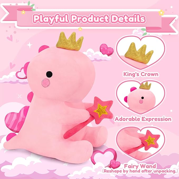 SQEQE Dinosaur Stuffed Animal, Cute Dinosaur Plush Toys with Fairy Wand, Dino Plushies Anniversary Birthday Gift for Her Girls Boys Boyfriend Girlfriend(Pink,12 inch)