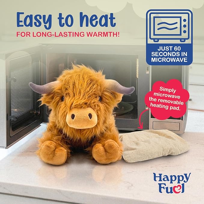 Highland Cow Microwavable Stuffed Animal – 1.5 lb Unscented Heating Pad Plush, Soft Cozy Cute Cow Toy for Relaxation and Comfort, Gift for Women, Girls, Adults & Kids by Happy Fuel