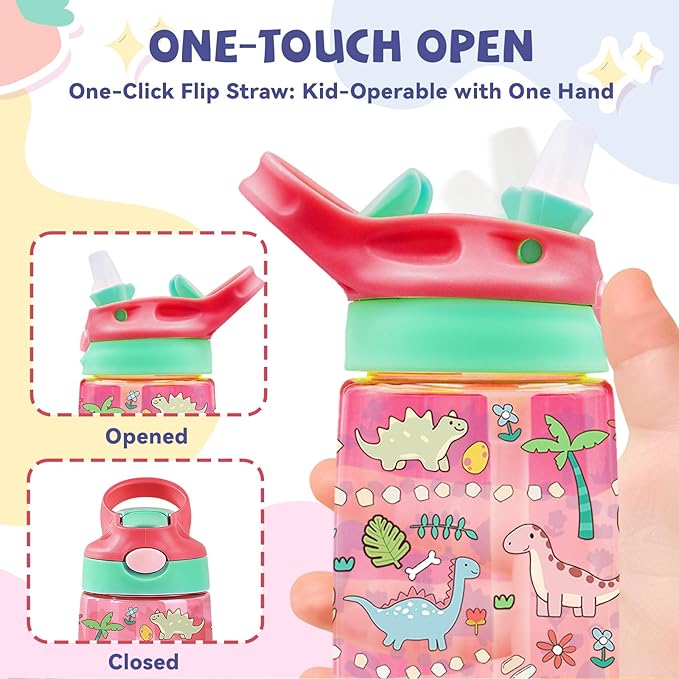 14oz Dinosaur Kids Water Bottle with Straw Lid - Cute Water Bottles for Kids, Leakproof, Lightweight, Durable Plastic Bottles for School, Pop-Up Straw Cover, Gift Cup for Girls Boys (Dinosaur)