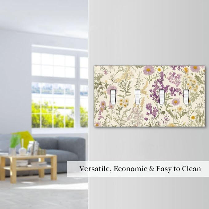 Watercolor Floral Leaves Quad Toggle Light Switch Cover Small Purple Flowers Daisies 4 Gang Wall Plate Decorative Electrical Switchplates Covers for Country Bathroom Bedroom Home Decor