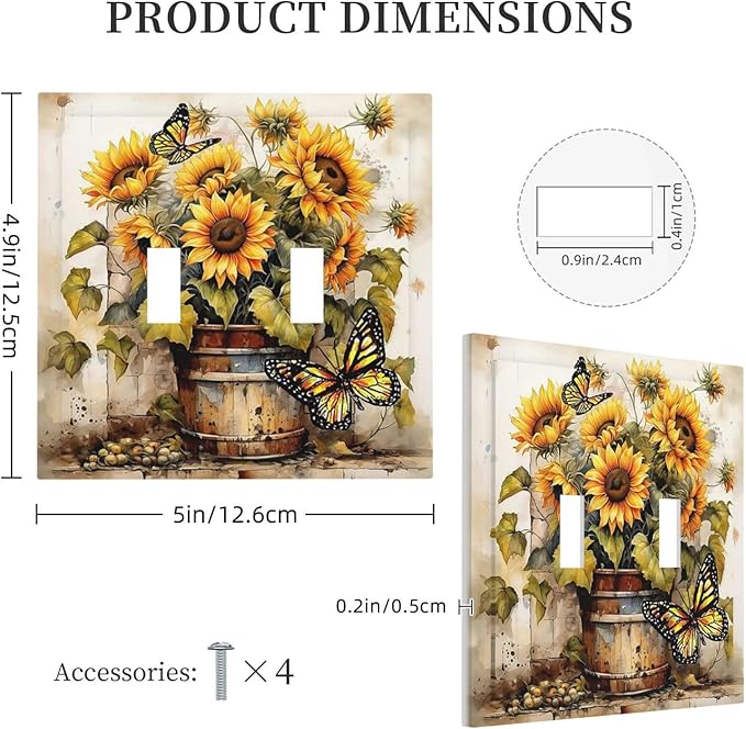 Decorative Switch Plates Rustic Vintage Sunflower Bouquet Butterfly 2 Gang Double Toggle Wall Plate Outlet Light Switch Cover Electrical Faceplate for Farmhouse Cabin Decor