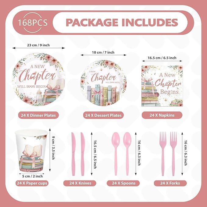 168Pcs A New Chapter Is About to Begin Baby Shower Decoration Storybook Plates Napkins Cups Forks Knives Spoons Pink Book Theme Paper Tableware for Gilrs Newborn Baby Shower Supplies Serves 24