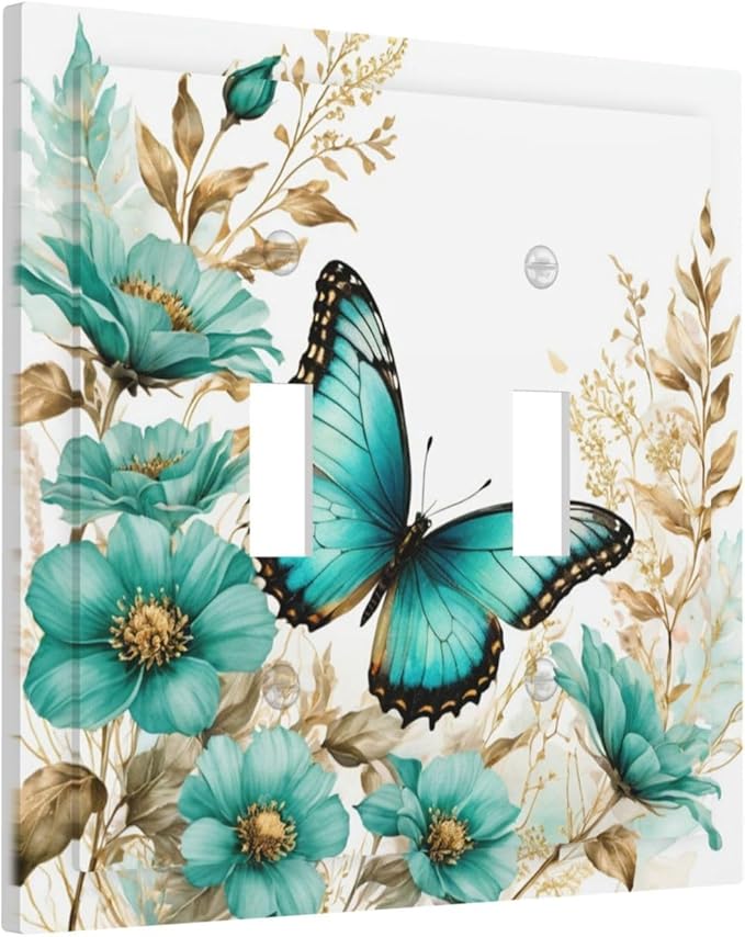 Decorative Light Switch Cover Plate Butterfly on Blue Daisy Flower Floral Golden Leaf 2 Gang Wall Plate Oversized Double Toggle Two Switch Wall Cover Plate Dual Device Face Plate