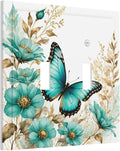 Decorative Light Switch Cover Plate Butterfly on Blue Daisy Flower Floral Golden Leaf 2 Gang Wall Plate Oversized Double Toggle Two Switch Wall Cover Plate Dual Device Face Plate