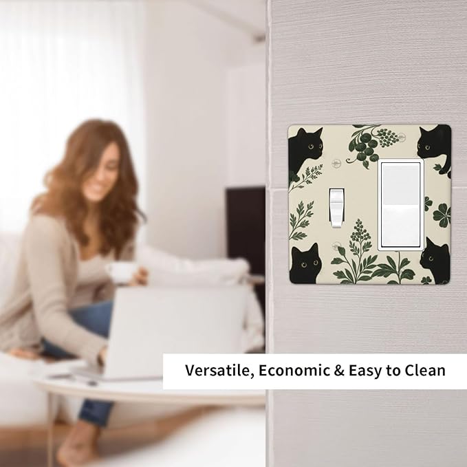 Decorative Outlet Covers Funny Black Cat Green Leaf 2 Gang Light Switch Cover Plate Single Toggle 1 Rocker Wall Plates for Electrical Outlets Switch Plate Covers for Bedroom Home Decor