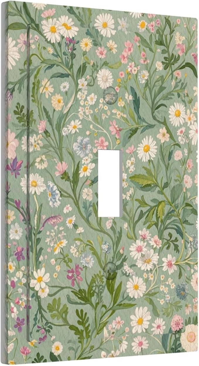 Decorative Switch Cover Plate with Vintage Wildflowers & Daisies on Light Green Background Design Single Gang Toggle Switch Plate Light Switch Covers Artistic Faceplate
