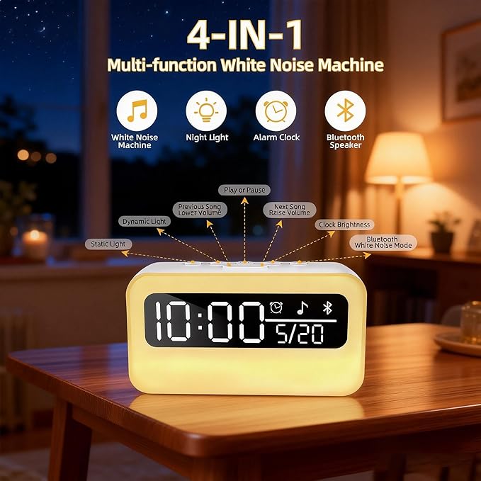 4-IN-1 White Noise Sound Machine with 24 Soothing Sounds, 4000mAh Rechargeable Camping light Bluetooth Speaker, Adjustable Night Light for Kids Adult with Time Display for Camping, Home, Party