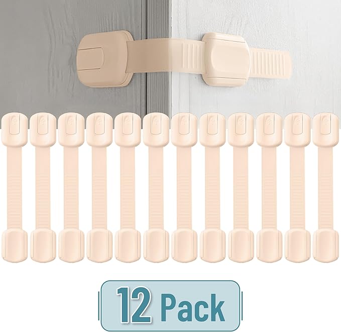 Bate- Child Safety Strap Locks, 12 Pack, Baby Locks for Cabinets, Drawers, Kitchen, Toilet, Furniture, Fridge, Multi-Purpose, Easy Install with Quick 3M Adhesive for Childproofing