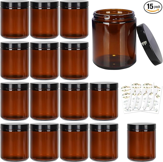 8 oz Amber Glass Jars with Lids, 15 Pack Empty Glass Storage Containers for DIY Candle Making, Spice, Cream (Plastic Airtight Lids)