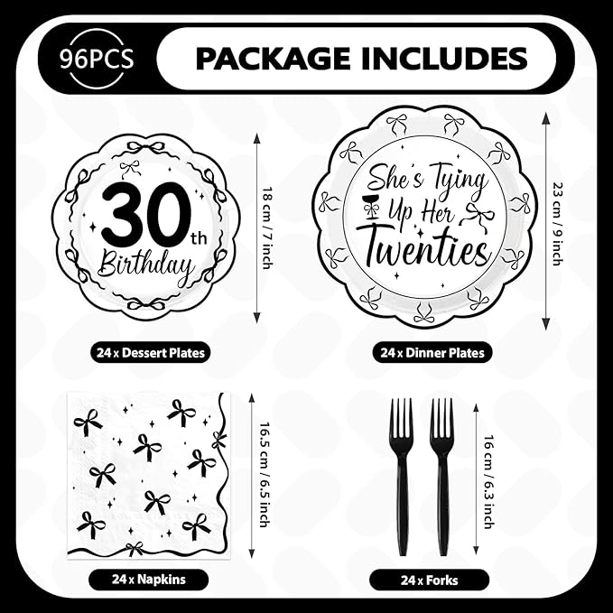 96Pcs Black Bow 30th Birthday Party Decorations She's Tying up Her Twenties Plates and Napkins Scalloped Black and White Bow Tableware Set for 30 Years Old Women Rip 20s Birthday Supplies Serves 24