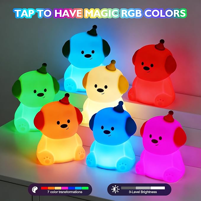 Puppy Silicone Night Light for Kids Baby, BPA-Free Safe Cute Lamp, 3 Brightness Dimmable RGB Color Changing, 30/60 Min Timer Tap Control Night Light for Nursery Bedroom Toddler Infant