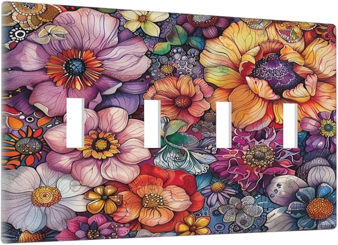 Light Switch Covers Colorful Bohemian Flowers Vintage Boho Floral Quad Toggle Electrical Faceplate 4 Gang Wall Plate Decorative Switch Plates for Bed Room living Room Decor