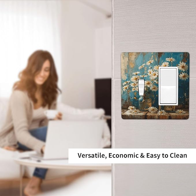 Delicate White Daisy Jars Retro Wood Background Outlet Covers 1 Toggle 1 Rocker Combination Decorative Wall Plate Electrical Switch Plates Light Switch Cover Plate for Farmhouse Home Decor