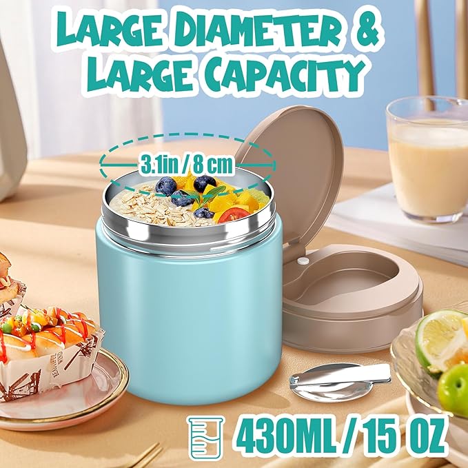 Thermo for Hot Food Kids - 15.2oz, Leak Proof Insulated Food Jar, Soup Thermo, Insulated Lunch Containers, Termos Para Comida Caliente, Wide Mouth Lunch Box with Folding Spoon and Handle