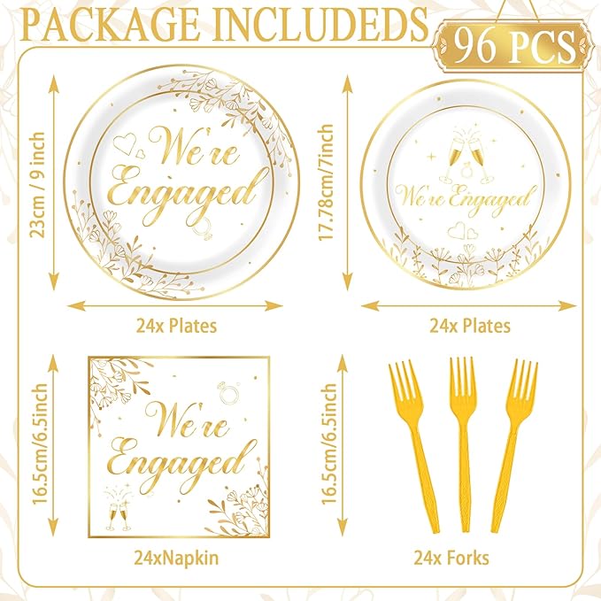 Justforjoyful 96Pcs Happy Engagement Party Supplies Engagement Paper Plates Napkins We're Engaged Party Tableware Set We're Engaged Dinnerware for Wedding Birthday Bridal Shower Decoration Serve 24