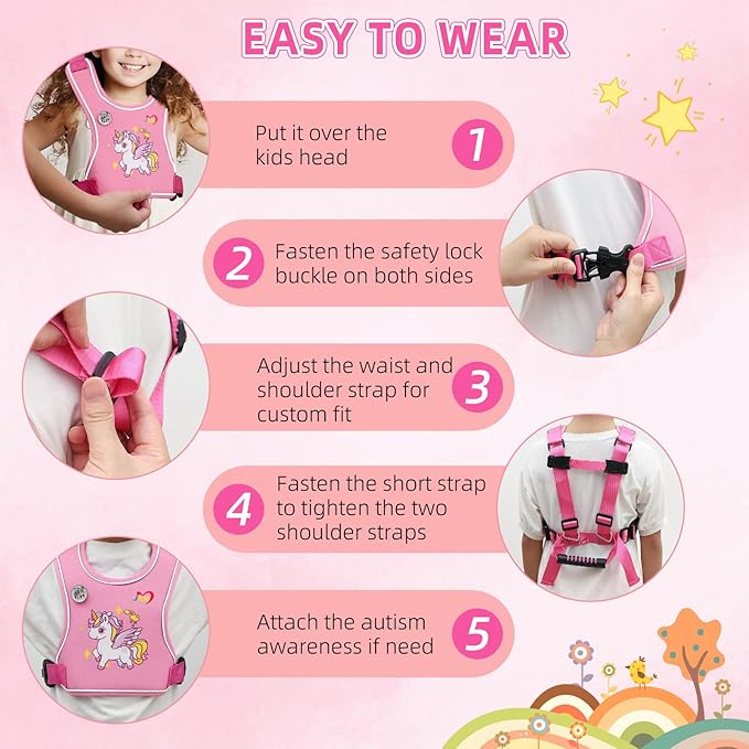Safety Walking Harness with Leash for Autism Special Needs ADHD/ASD Girls Ages 6-12, Elopement Harness with Light Reflector and Grab Handle for Big Kids, Adjustable Tether Leash with Autism Awareness
