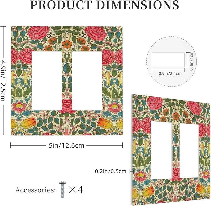 William Morris Roses Floral Double Rocker Light Switch Cover Plate VintageTulip Flower Plant Bird 2 Gang Outlet Covers Switchplates Decorative Electrical Faceplate for Bedroom Kitchen Décor