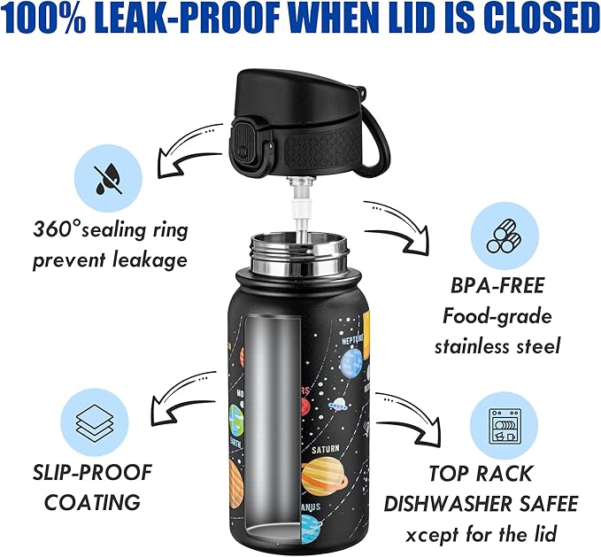 OLDLEY 12oz Kids Water Bottle, Stainless Steel Insulated Water Bottle For Kids, With Straws Leak-proof, Kids Water Bottles For School Boys Girls,Solar System