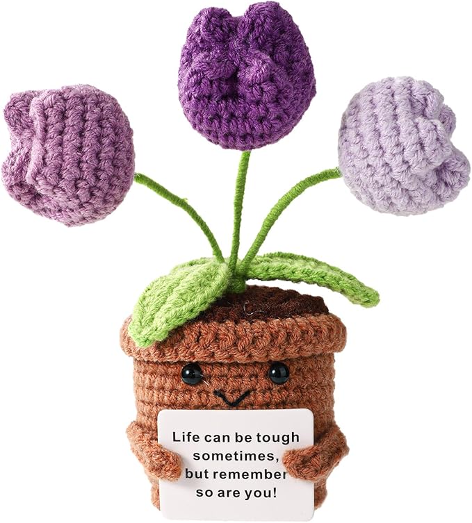 TOYMIS Positive Tulip, Soft Knitted Crochet Tulip with Encouragement Card Inspirational Positive Plant Crochet Flower Wool Doll Emotional Pot Plush Support Gifts for Men Women
