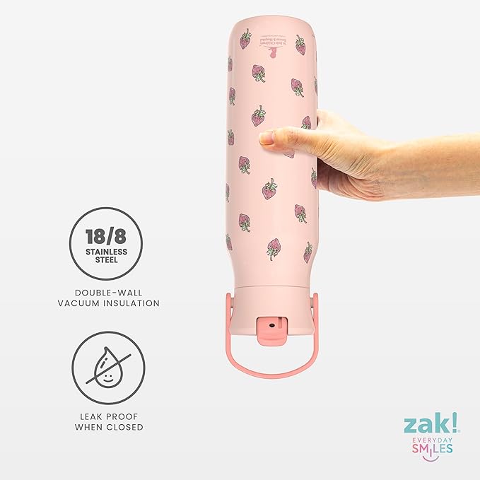 Zak Designs Harmony Water Bottle Benefiting St. Jude, For Travel or At Home, 32oz Stainless Steel is Leak-Proof When Closed and Vacuum Insulated with Straw Lid and Carry Handle (Strawberry)