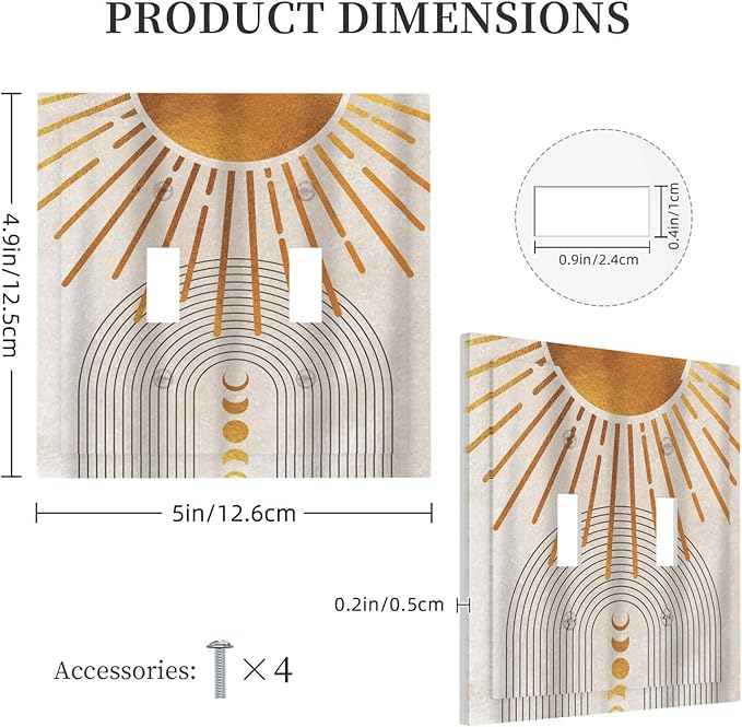 Mid Century Gold Sun Abstract Arch Boho Moon Double Toggle Light Switch Covers Decorative Unique 2 Gang Wall Plate Dual Electrical Faceplate Switchplate for Kitchen Bedroom Living Room Decor