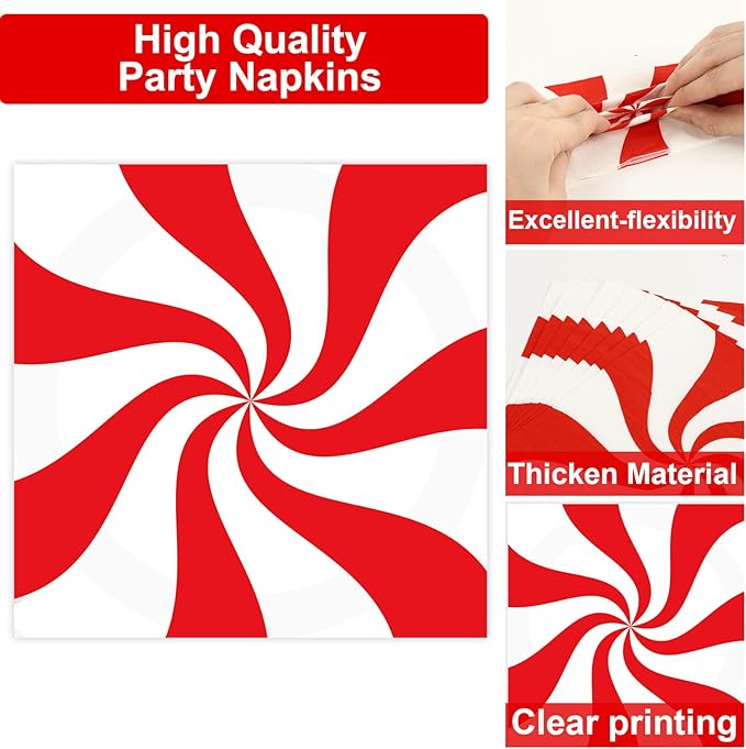 100Pcs Christmas Peppermint Paper Plates and Napkins Party Supplies Candy Cane Party Tableware Set Red and White Striped Christmas Winter Party Decor Favors for Holiday Xmas Theme Party Serves 25