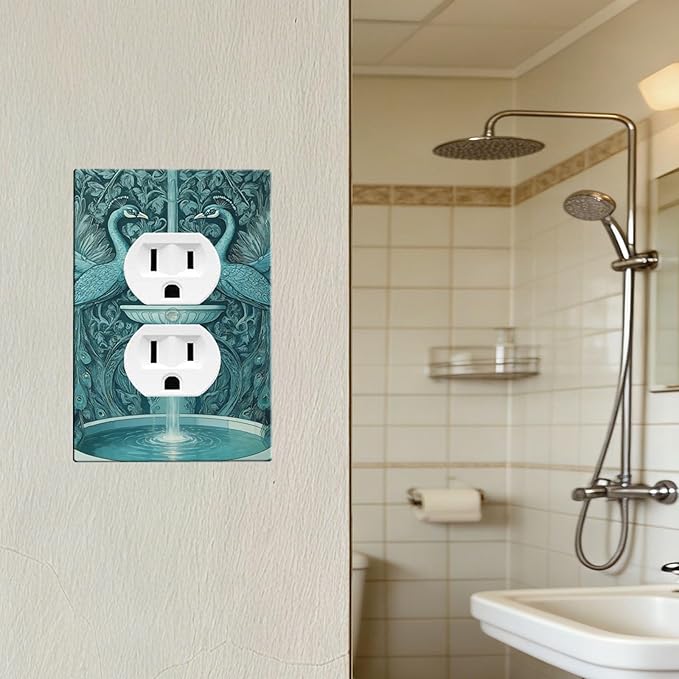 Art Nouveau Peacocks & Fountain in Teal Garden Duplex Wall Plate - 1-Gang Standard US Size Elegant Garden Escape Outlet Covers for Living Room Decor