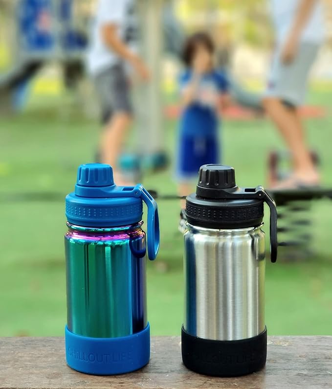 CHILLOUT LIFE 12 oz Kids Insulated Water Bottle for School with Leakproof Spout Lid and Cute Waterproof Stickers, Personalized Stainless Steel Thermos Flask Metal Water Bottle for Girls & Boys