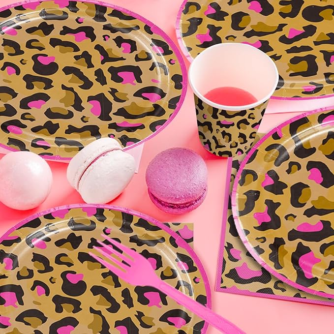 cocomigo 193pcs Cheetah Birthday Decorations Tableware Set, Serves 25 Guests, Cheetah Print Birthday Decorations includes 300 gsm Plates, Balloons, Tablecloths, for Leopard Theme Party Supplies