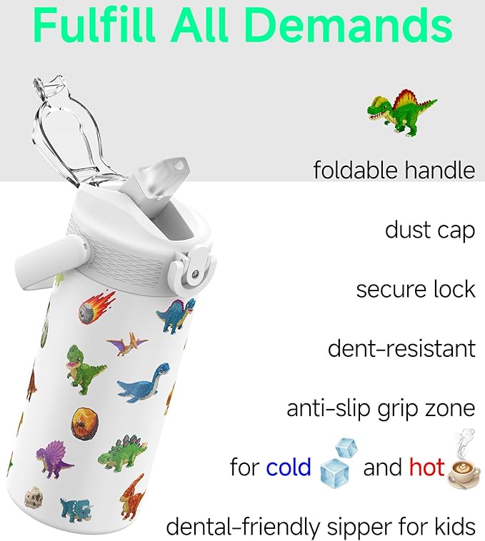 MYFOREST 14oz/400ml Insulated Kids Water Bottle, Odor-Free Surgical Grade Liner, Dishwasher-Safe, Name Spot, Soft Sipper, Gift for Dino Fan (DinoCraft: Pixel)