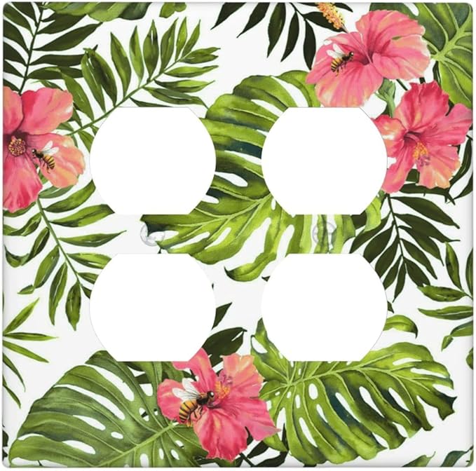 Tropical Plant Green Palm Outlet Covers 2-Gang Duplex Light Switch Cover Decorative Gfci Wall Plate Covers Electrical Receptacle Switch Plate Cover Plug Faceplate for Bathroom Decor
