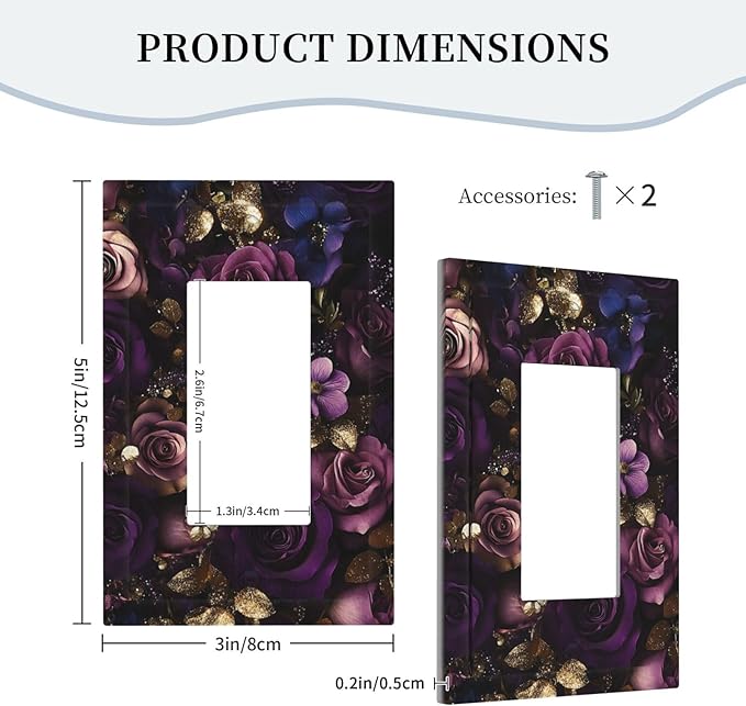 Decorative Light Switch Cover Plate with Luxurious Purple Roses Gold Accents Leaves Design 1 Gang Rocker Outlet Covers Single Decora Gfci Device Wall Plate for Romantic Bedroom/Living Room