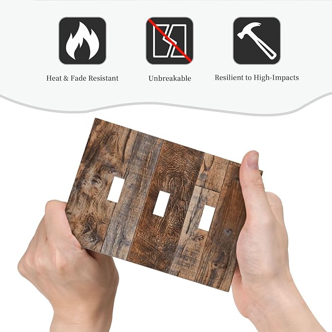 Vintage Board Rustic Brown Wood Texture Decorative Switch Plates 3 Gang Wall Plate Triple Toggle Light Switch Cover Faceplate Electrical Wall Panels for Farmhouse Home Decor