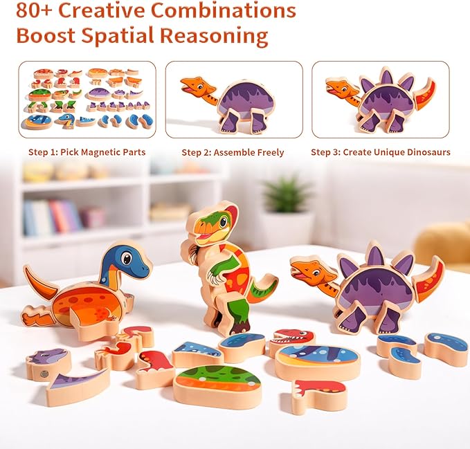 INIFEIDALA Magnetic Wooden Dinosaur Building Blocks, Take Apart STEM Montessori Educational Toy, Fine Motor Skills Development Ages 3-6