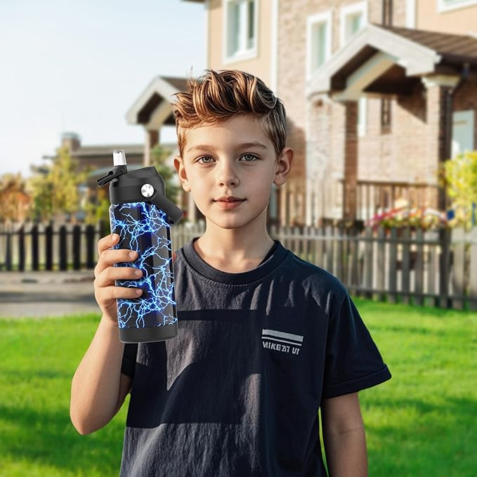 Boys Water Bottle with Straw,18 oz Kids Insulated Cups with Stainless Steel Leak Proof for School,Sport&Travel（2pack，Lightning+Dinosaur）
