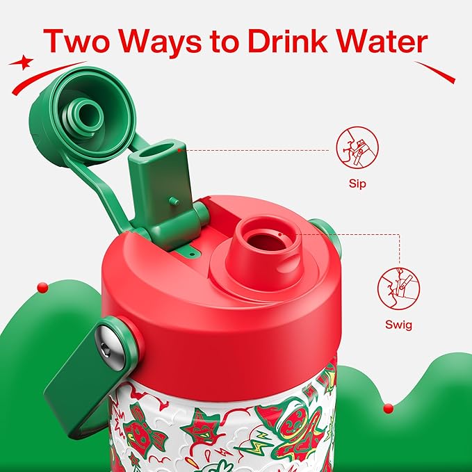 ENCOOL Christmas Insulated Water Bottle with Straw, Stainless Steel Water Bottle, Leak Proof BPA-Free, Keeps Cold for 24 Hours for Sports, Christmas Holiday Gifts for Women, 26 oz, Santa Rider