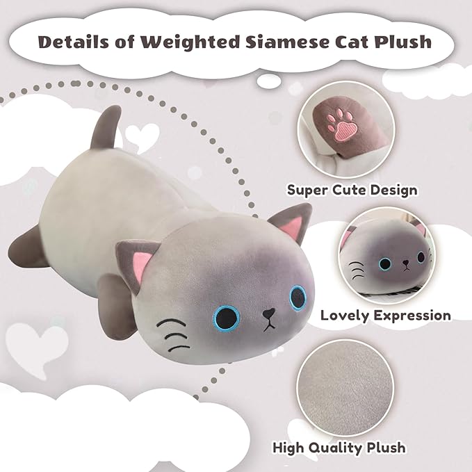 Finebee Weighted Siamese Cat Stuffed Animals, Cute Weighted Siamese Cat Plush, Soft Stuffed Weighted Plushie Pillow Gifts for Girls Boys(9.8" 0.8Lbs)