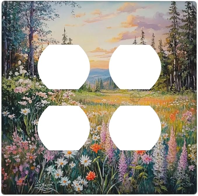 Outlet Covers Floral Landscape Rustic Nature Wildflower 2 Gang Double Duplex Decorative Light Switch Covers Electrical Wallplates Socket Faceplate For Bed Room Living Room Decor