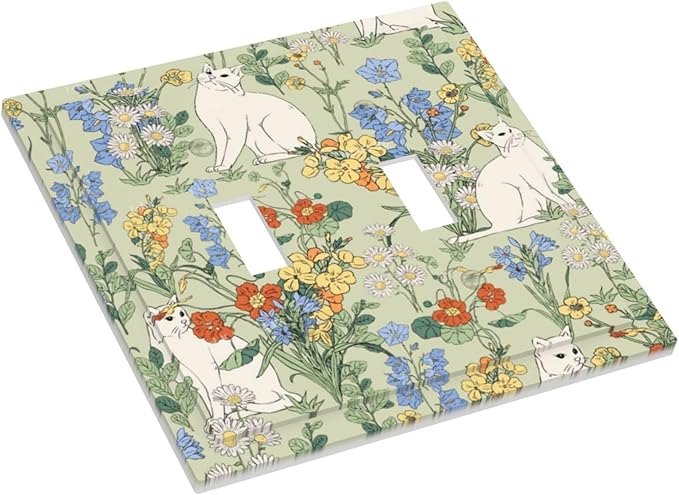 Decorative Switch Plates Vintage Floral Cute Cat Colorful Flowers 2 Gang Double Toggle Outlet Light Switch Cover Wall Plate Electrical Faceplate For Bed Room Living Room Decor