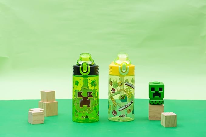 Zak Designs Minecraft Sage Kids Water Bottle For School or Travel, 16oz Durable Plastic Water Bottle With Straw, Handle, and Leak-Proof, Pop-Up Spout Cover, 2-Pack Set (Creeper)