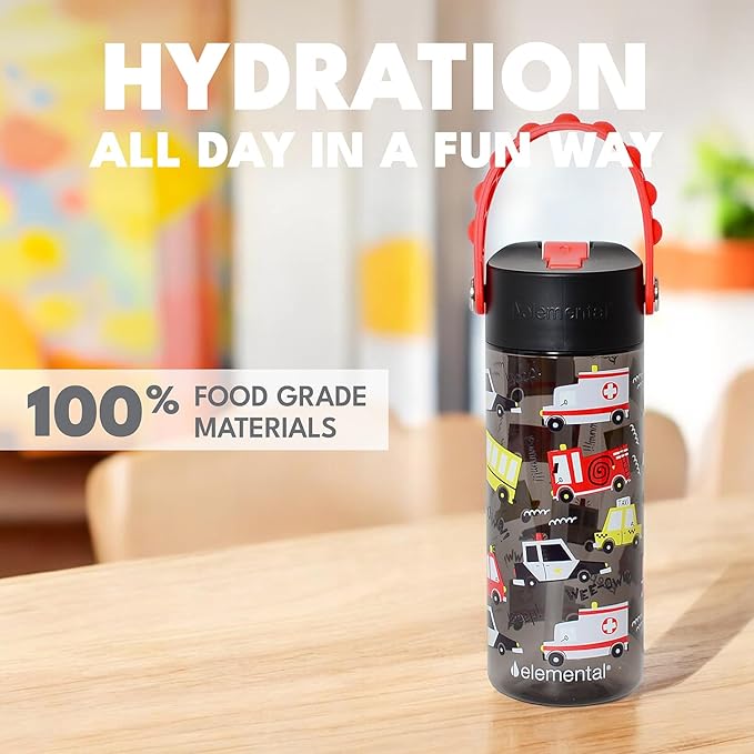 Elemental Water Bottles for Kids - Splash Kids Water Bottle for School with Pop-it Handle - BPA Free Tritan Plastic Water Bottle with Straw Leak Proof when Spout is Closed - Service Vechicle - 18oz