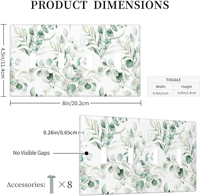Boho Green Eucalyptus Leaf Floral Plants Flowers Light Switch Covers Quad Toggle Electrical Faceplate 4 Gang Wall Plate Decorative Switch Plates for Bed Room Living Room Decor