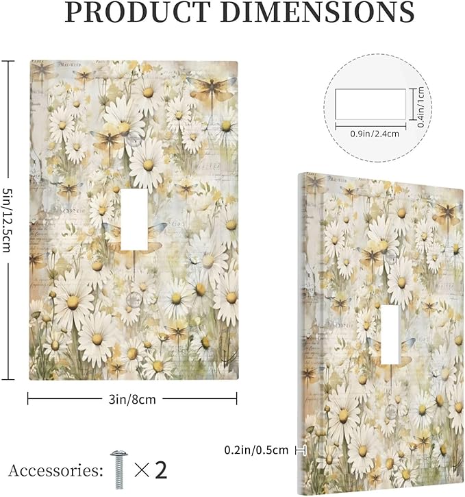 Vintage Letter Paper Wildflowers Dragonfly Daisy Floral Decorative Light Switch Cover 1 Gang Single Toggle Device Electrical Faceplate Switchplates Decorator Outlet Wall Plate for Farmhouse Bedroom
