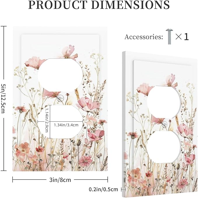 Boho Floral Watercolor Pink Wildflower Butterfly Outlet Covers 1 Gang Duplex Light Switch Cover Decorative Switch Plates Electrical Receptacle Faceplate Wall Plate for Bedroom Living Room Decor