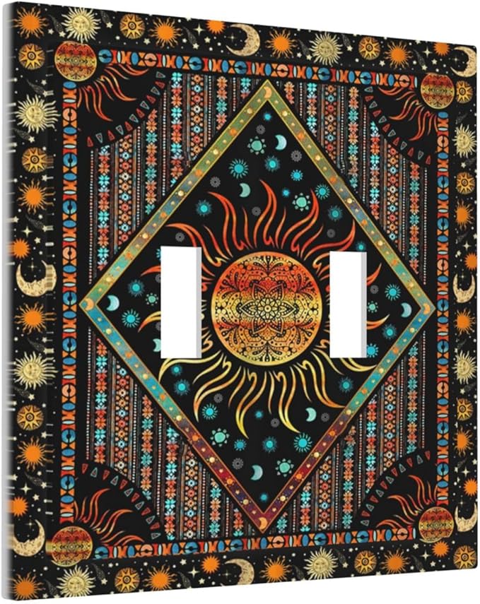 Light Switch Cover Boho Burning Sun Hippie Retro Bohemian Gypsy 2 Gang Wall Plate Double Light Switch Plate Toggle Decorative Outlet Covers Electrical Switchplate for Bathroom Home Decor