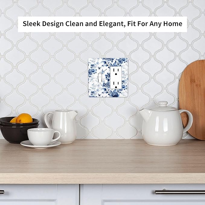 Blue Flower White Floral Plant Bird Butterfly Outlet Covers 1 Toggle 1 Rocker Combination Decorative Wall Plate Electrical Switch Plates Light Switch Cover Plate for Bedroom Living Room Decor