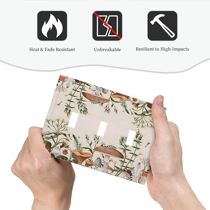 Boho Mushroom Forest Plants Wildflowers Insects Decorative Switch Plates 3 Gang Wall Plate Triple Toggle Light Switch Cover Faceplate Electrical Wall Panels for Kids Room Home Decor