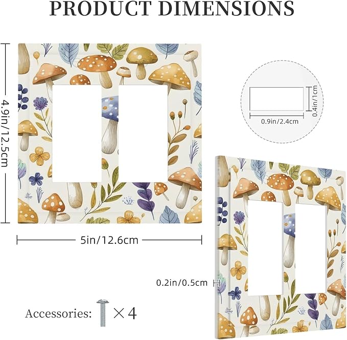 Boho Watercolor Mushroom Flowers Leaf Colorful Floral Decorative Outlet Covers 2 Gang Double GFCI Rocker Electrical Wall Panels Light Switch Cover Plate for Kids Room Nursery Decor