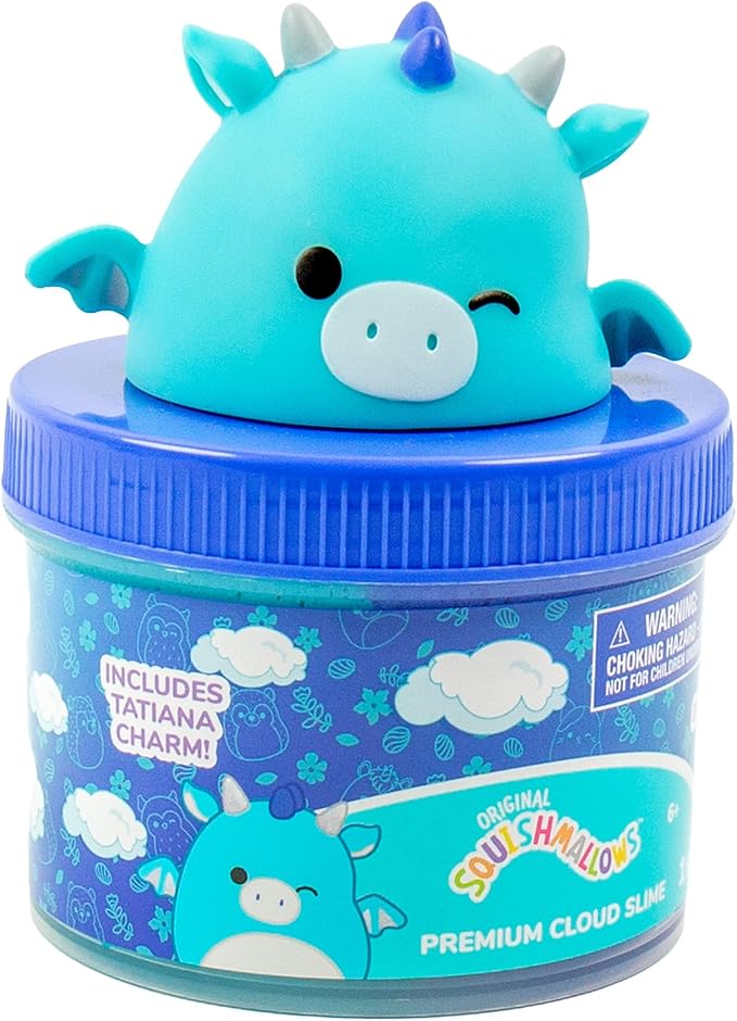 Original Squishmallows Tatiana The Dragon Premium Cloud Slime, Blue Raspberry-Scented, 8 oz. Storage Container with Figurine Topper, Rubber Charm, Goodie Bags, Kids Party Favors, Sensory Toys